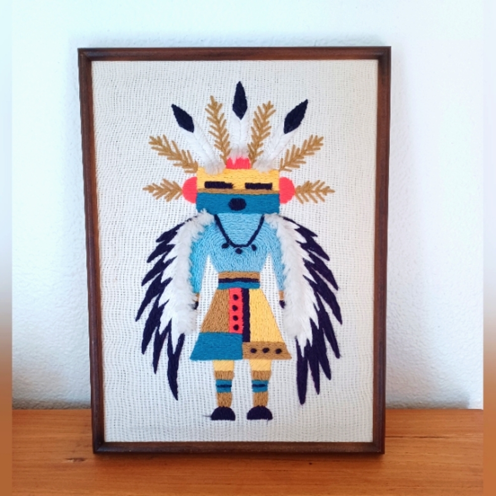 Handmade Eagle Dancer Kachina Crewel Embroidery Framed Wall Art